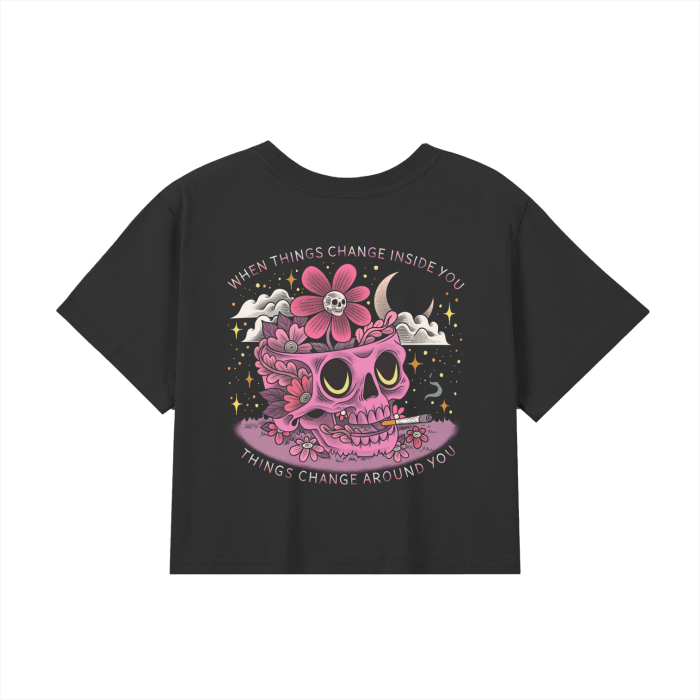 Skull,Moon,Pink,Croptop,Cartoon,Streetwere