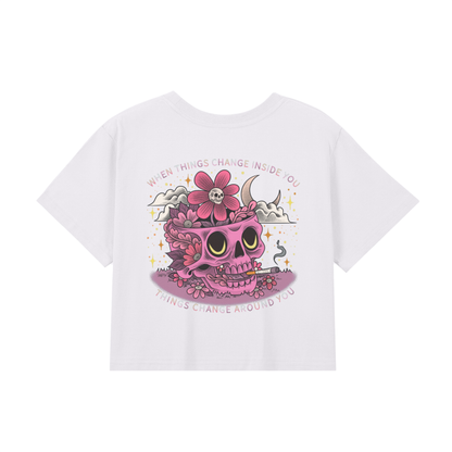 Skull,Moon,Pink,Croptop,Cartoon,Streetwere